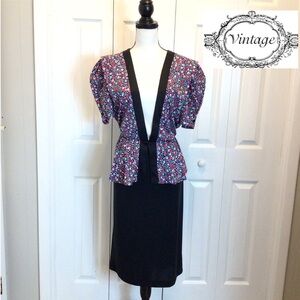 Vintage Statements Floral Short Puff Sleeve Peplum Midi Dress Size 10